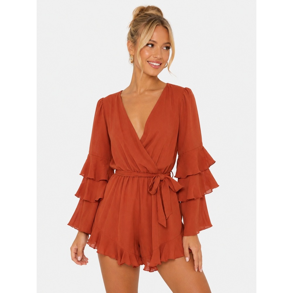 NWOT Ali & Jay Rust Orange Tiered Ruffle Sleeve Romper Party Vacation XS New